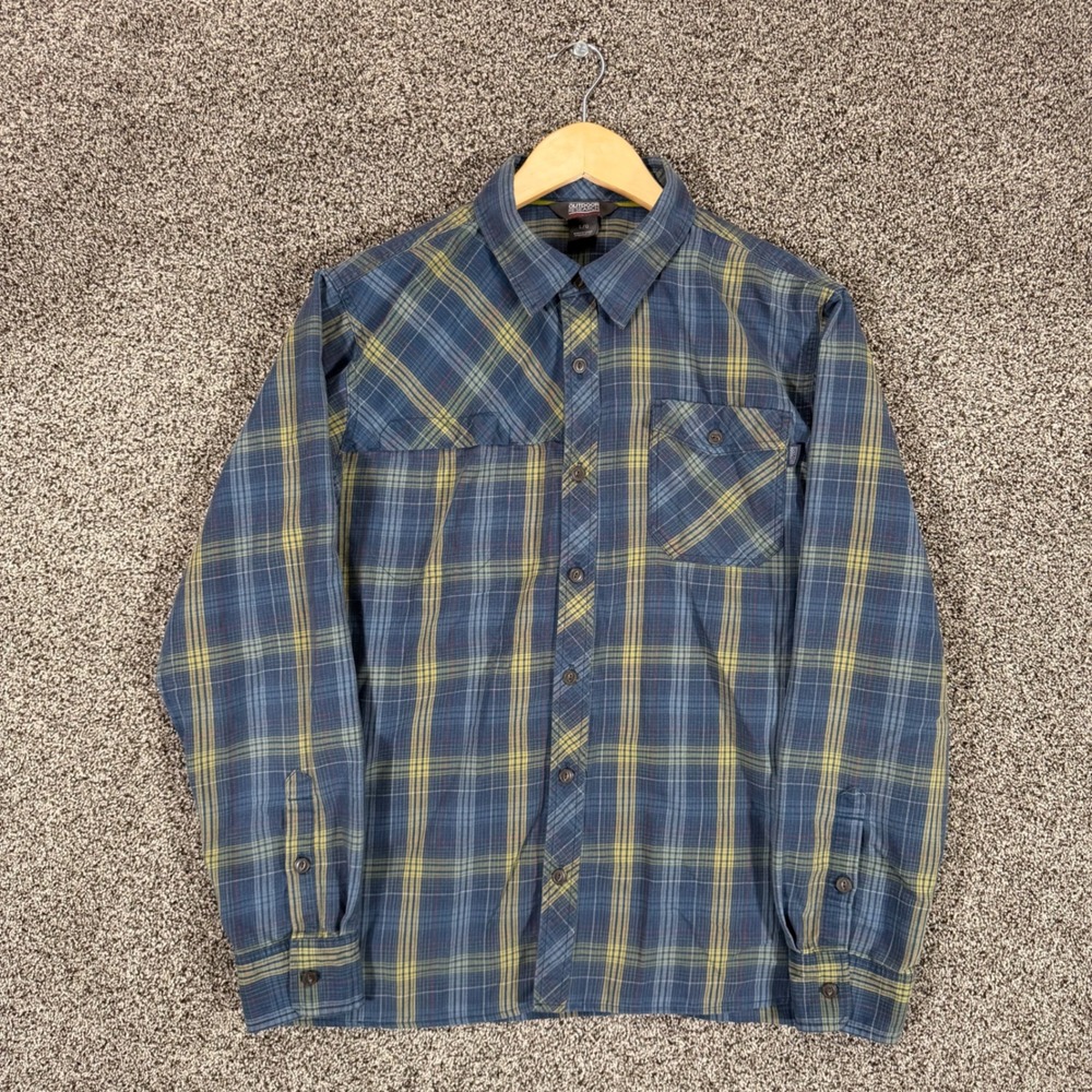Outdoor Research Tangent Flannel Shirt Mens L Blue Plaid Wool Blend Pockets